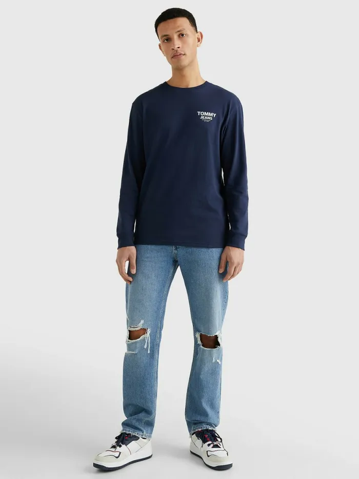 Tommy Hilfiger Logo Tape Long Sleeve TShirt Twilight Navy Mens TShirts For Sale