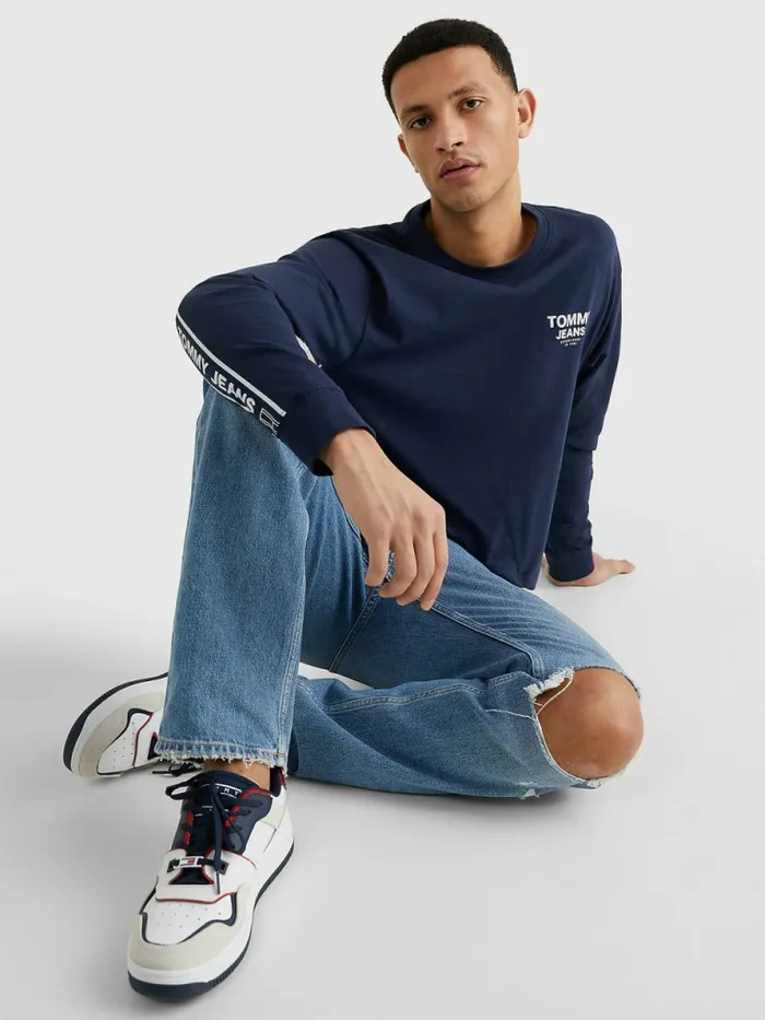 Tommy Hilfiger Logo Tape Long Sleeve TShirt Twilight Navy Mens TShirts For Sale