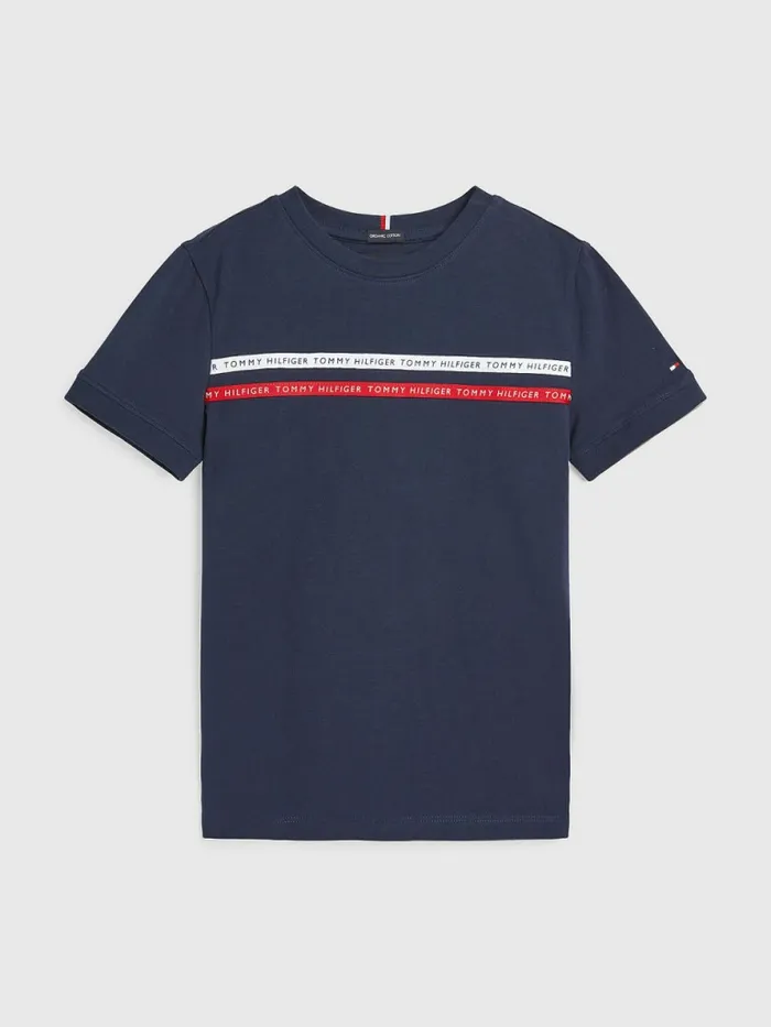 Tommy Hilfiger Logo Tape Organic Cotton TShirt Twilight Navy Boys TShirts and Polos For Sale Tommy Hilfiger Logo Tape Organic Cotton TShirt Twilight Navy Boys TShirts and Polos For Sale