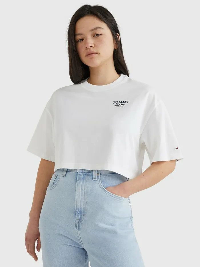 Tommy Hilfiger Logo Tape Oversized Cropped TShirt White Womens TShirts Gift for Friend Tommy Hilfiger Logo Tape Oversized Cropped TShirt White Womens TShirts Gift for Friend