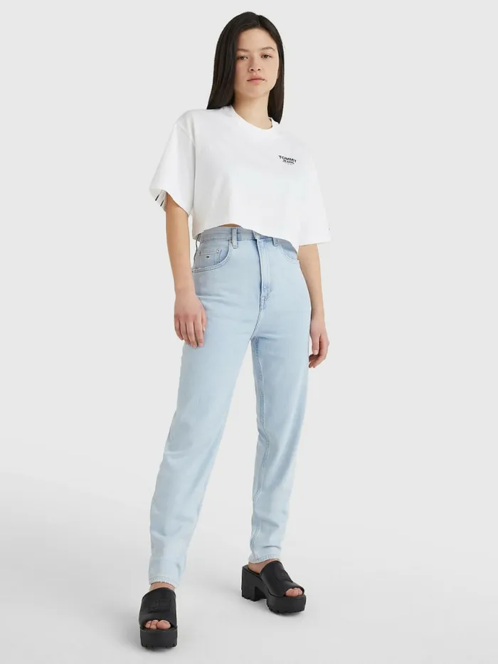 Tommy Hilfiger Logo Tape Oversized Cropped TShirt White Womens TShirts Gift for Friend