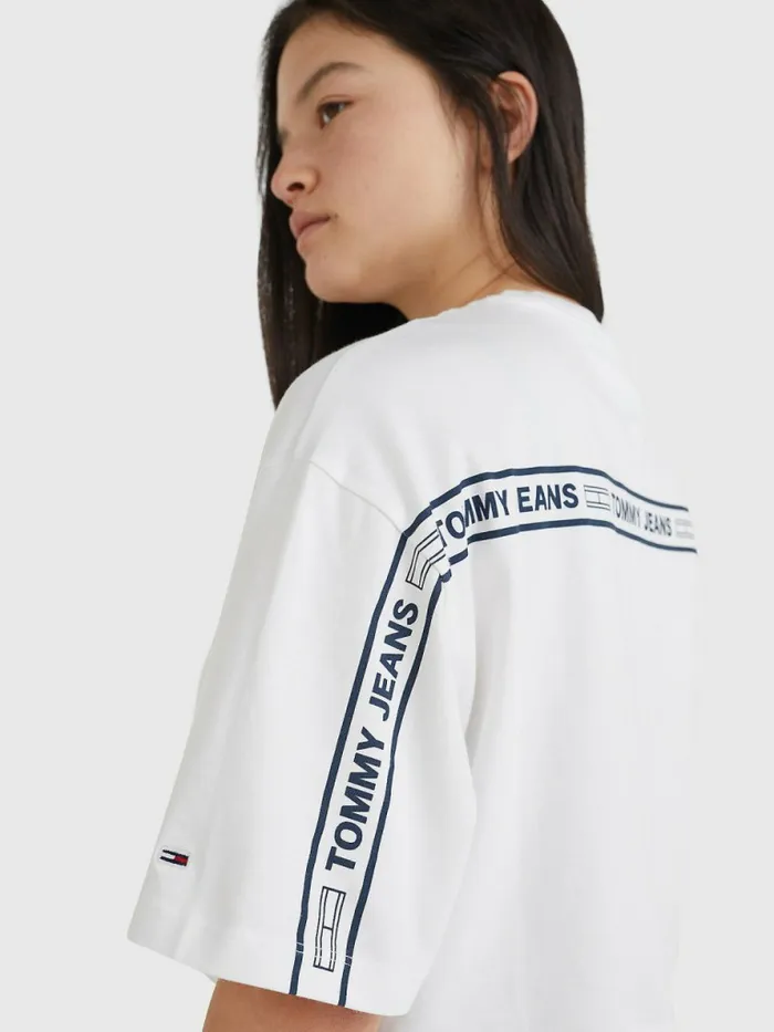 Tommy Hilfiger Logo Tape Oversized Cropped TShirt White Womens TShirts Gift for Friend