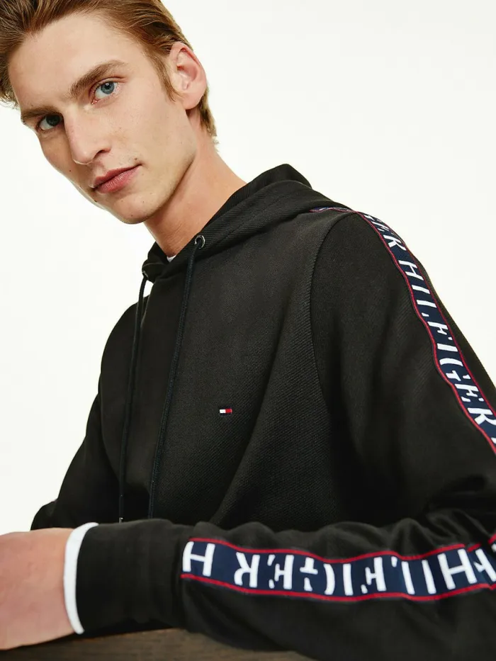 Tommy Hilfiger Logo Tape ZipThru Hoody Black Mens Sweatshirts and Hoodies Gift Ideas