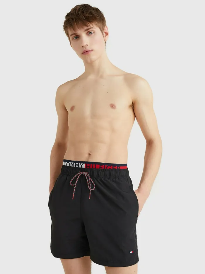 Tommy Hilfiger Logo Waist Mid Length Swim Shorts Black Mens Swimwear Cheap On Sale