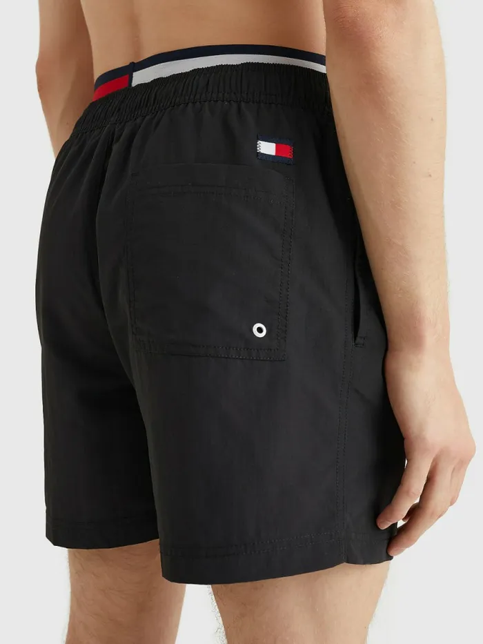 Tommy Hilfiger Logo Waist Mid Length Swim Shorts Black Mens Swimwear Cheap On Sale