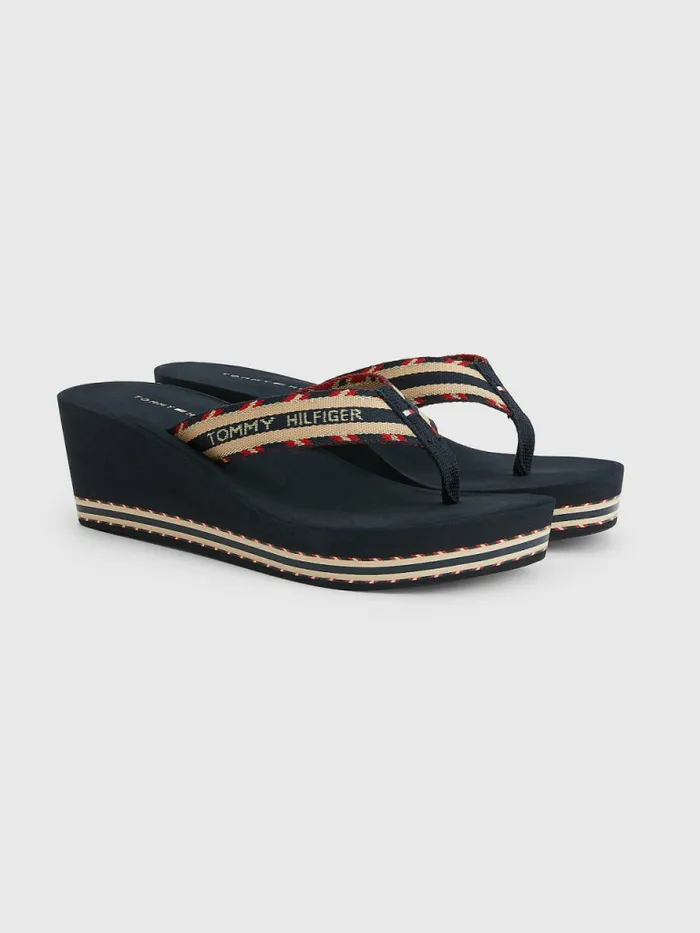 Tommy Hilfiger Logo Webbing High Wedge FlipFlops Desert Sky Womens Sandals For Sale Tommy Hilfiger Logo Webbing High Wedge FlipFlops Desert Sky Womens Sandals For Sale