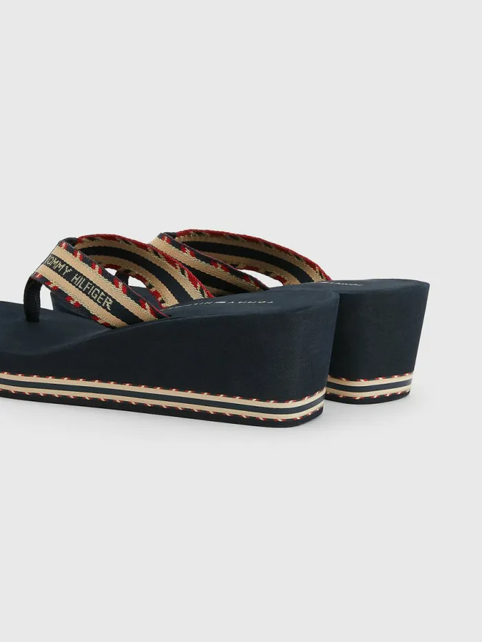 Tommy Hilfiger Logo Webbing High Wedge FlipFlops Desert Sky Womens Sandals For Sale