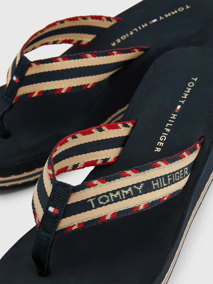 Tommy Hilfiger Logo Webbing High Wedge FlipFlops Desert Sky Womens Sandals For Sale
