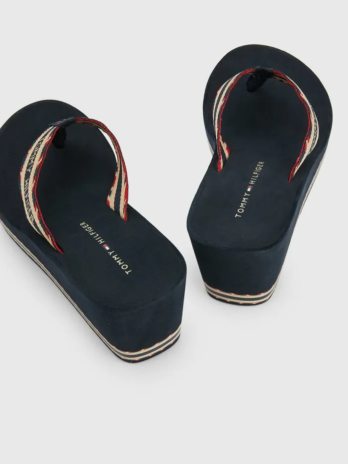 Tommy Hilfiger Logo Webbing High Wedge FlipFlops Desert Sky Womens Sandals For Sale