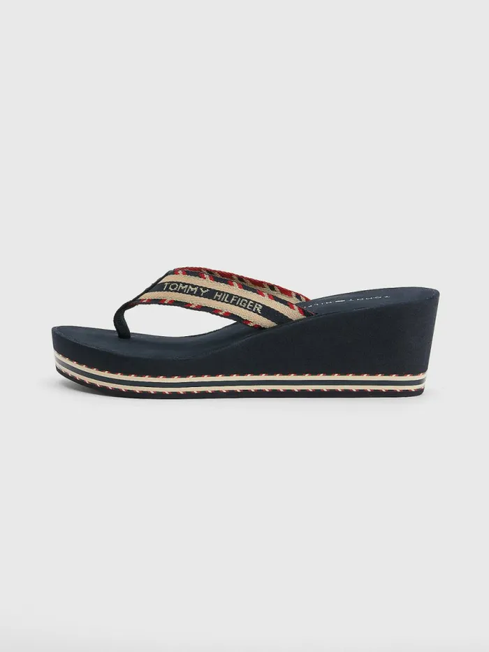 Tommy Hilfiger Logo Webbing High Wedge FlipFlops Desert Sky Womens Sandals For Sale