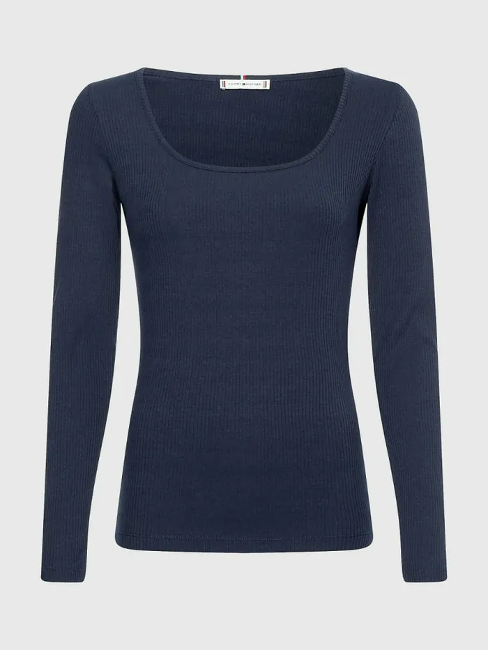 Tommy Hilfiger Long Sleeve Square Neck Slim Fit TShirt Desert Sky Womens TShirts On Sale