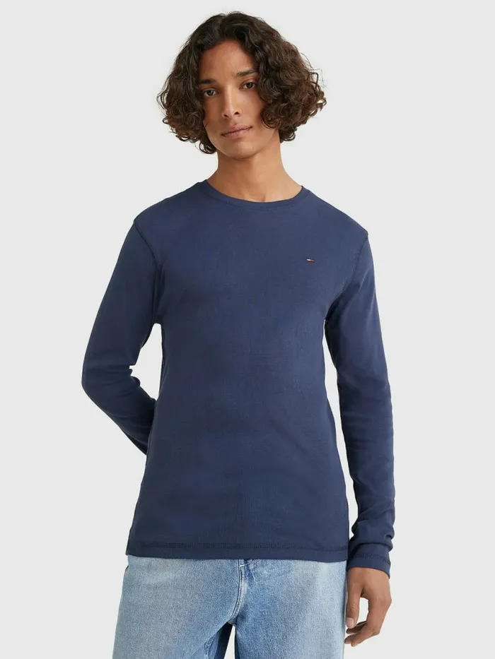Tommy Hilfiger Long Sleeved Ribbed Organic Cotton TShirt Black Iris Mens Essentials Tommy Hilfiger Long Sleeved Ribbed Organic Cotton TShirt Black Iris Mens Essentials