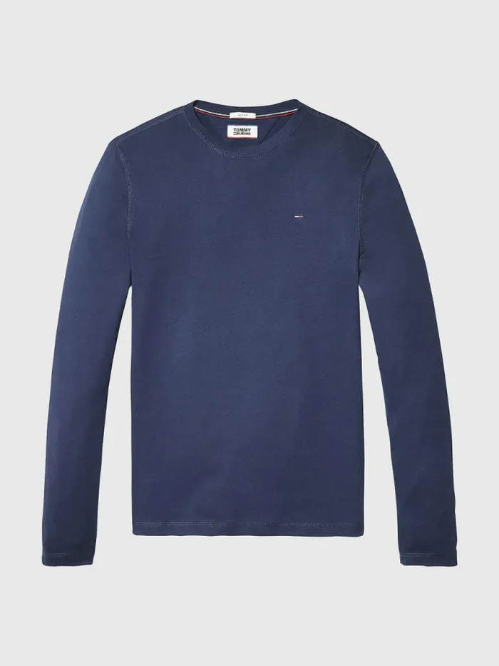 Tommy Hilfiger Long Sleeved Ribbed Organic Cotton TShirt Black Iris Mens Essentials