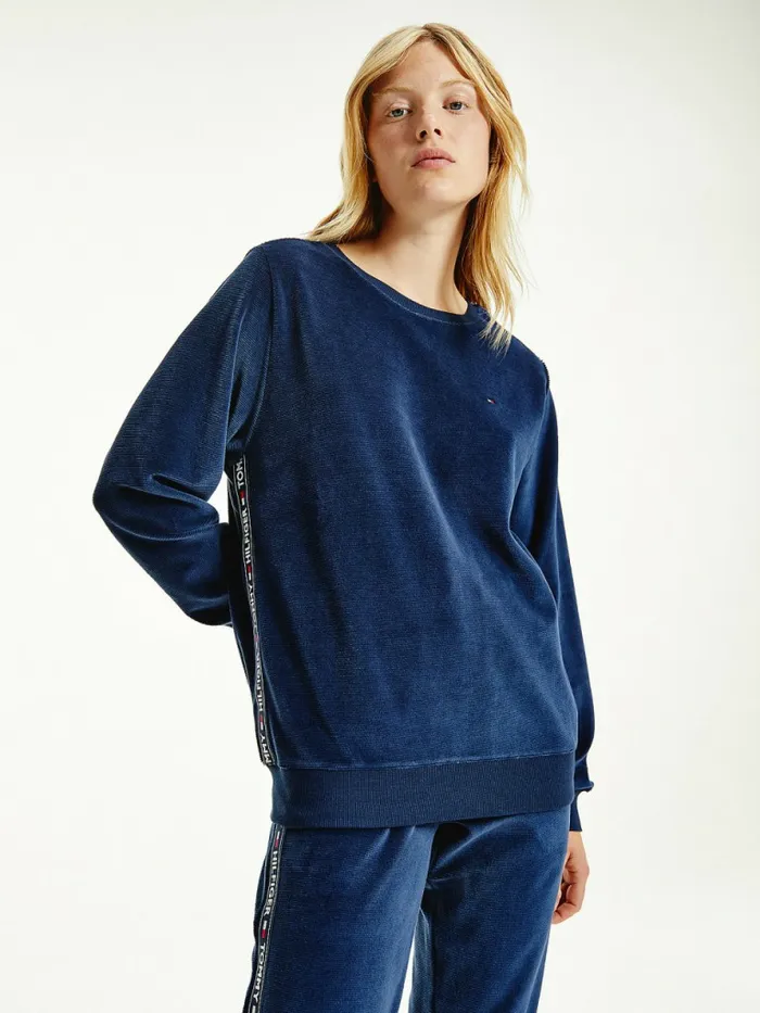 Tommy Hilfiger Lounge Logo Tape Velour Sweatshirt Desert Sky Womens Sweatshirts and Hoodies Popular Tommy Hilfiger Lounge Logo Tape Velour Sweatshirt Desert Sky Womens Sweatshirts and Hoodies Popular