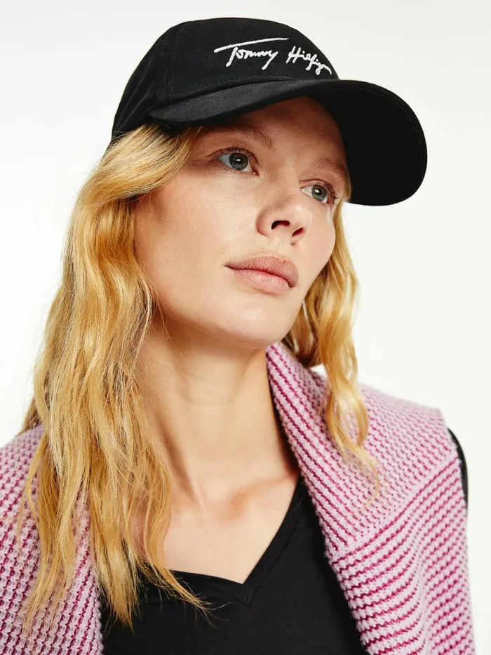 Tommy Hilfiger Lux Studded Organic Cotton Cap Black Womens Hats and Scarves Fashion