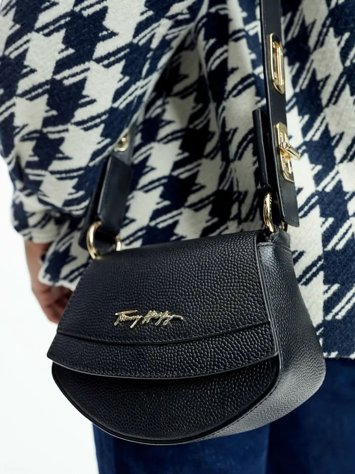 Tommy Hilfiger Luxe Leather Turn Lock Strap Crossover Bag Black Womens Bags Online