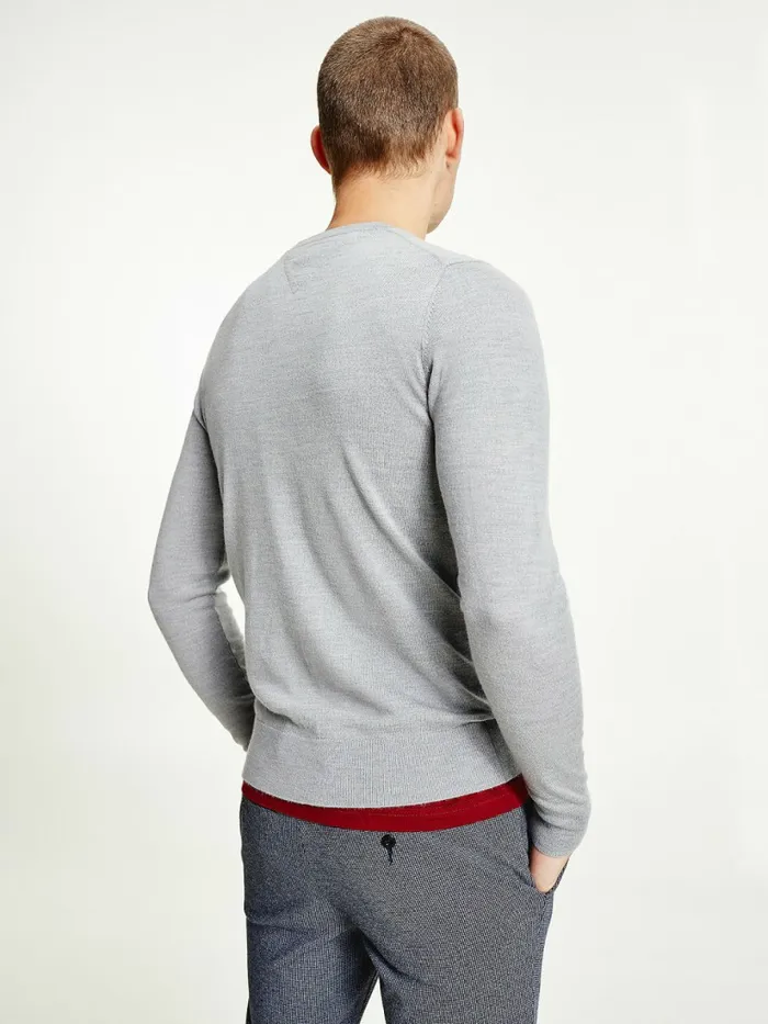 Tommy Hilfiger Merino Wool Crew Neck Jumper Light Grey Heather Mens Knitwear Casaul