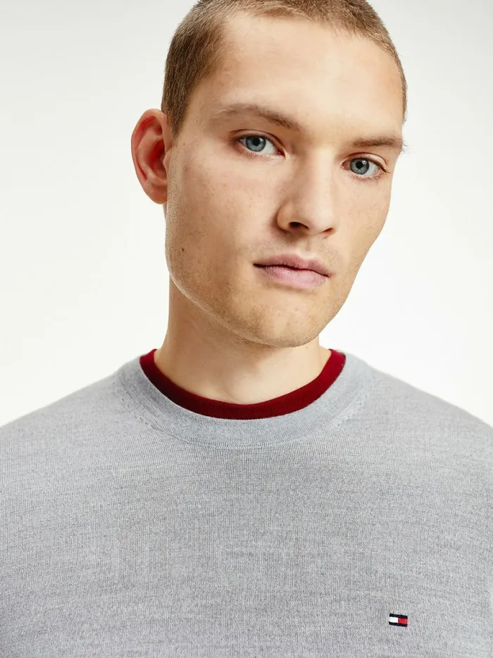 Tommy Hilfiger Merino Wool Crew Neck Jumper Light Grey Heather Mens Knitwear Casaul