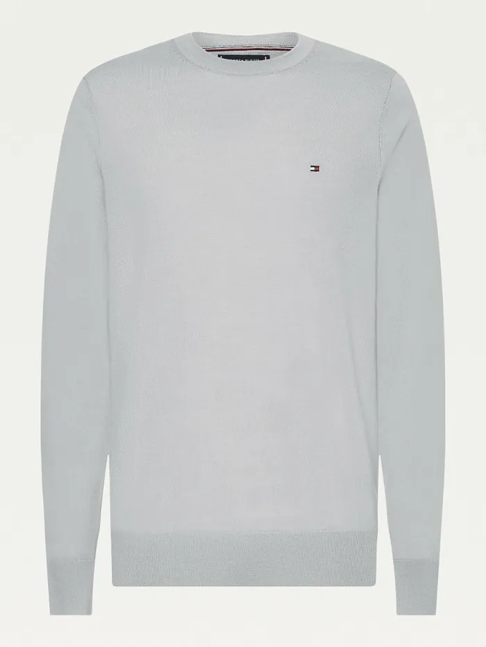 Tommy Hilfiger Merino Wool Crew Neck Jumper Light Grey Heather Mens Knitwear Casaul