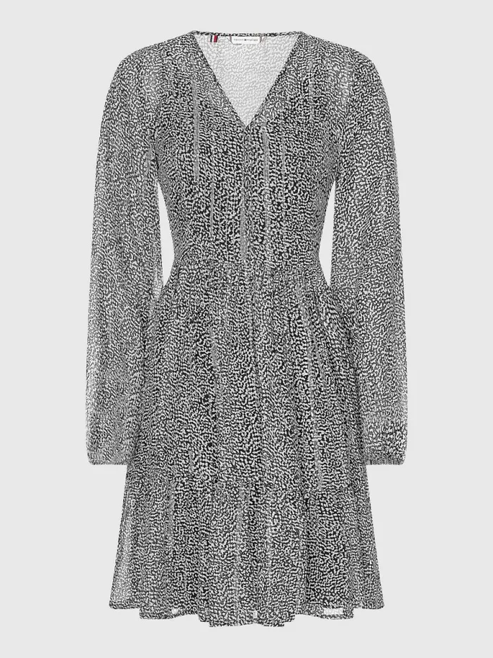 Tommy Hilfiger Metallic Chiffon Fit And Flare Dress Animal Texture Iron Grey Black Womens Dresses and Jumpsuits Gift Ideas