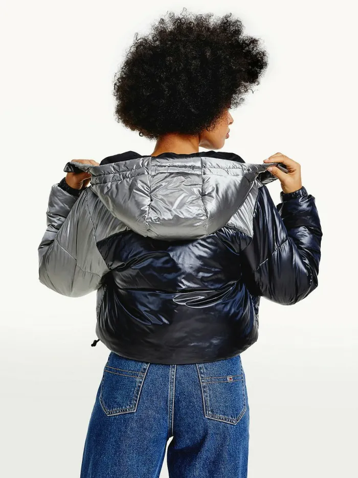 Tommy Hilfiger Metallic ColourBlocked Down Puffer Jacket Silver Womens Coats and Jackets Fashion