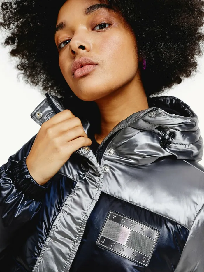 Tommy Hilfiger Metallic ColourBlocked Down Puffer Jacket Silver Womens Coats and Jackets Fashion