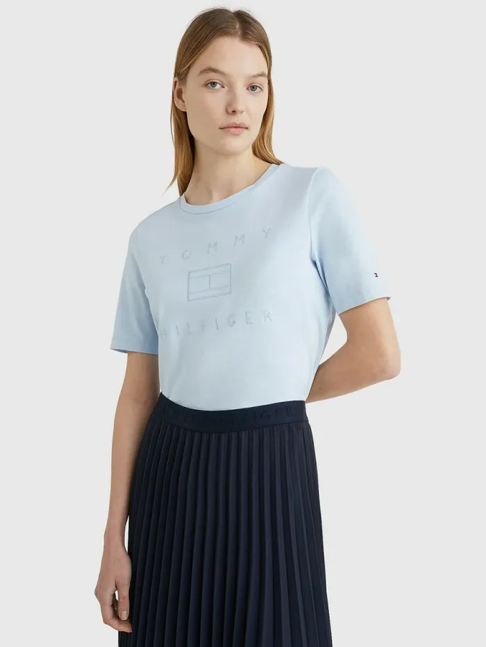 Tommy Hilfiger Metallic Flag TShirt Breezy Blue Womens TShirts Cheap On Sale