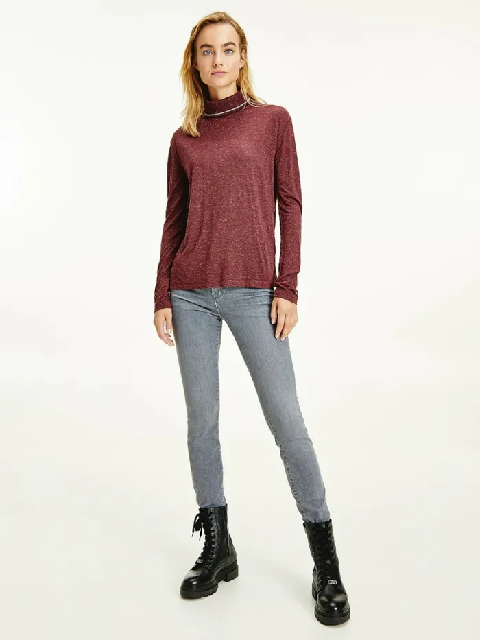 Tommy Hilfiger Metallic Roll Neck Jumper Deep Rouge Womens TShirts Popular
