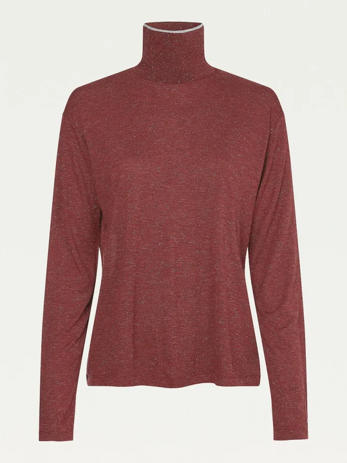 Tommy Hilfiger Metallic Roll Neck Jumper Deep Rouge Womens TShirts Popular