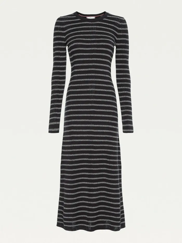 Tommy Hilfiger Metallic Slim Fit Knit Midi Dress BlackSilver Stp Swt Womens Dresses and Jumpsuits Fashion