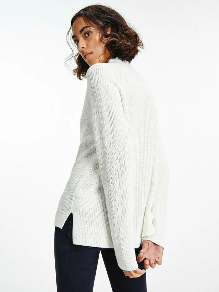 Tommy Hilfiger Mock Turtleneck Organic Cotton Knit Jumper Ecru Womens Knitwear Cheap On Sale