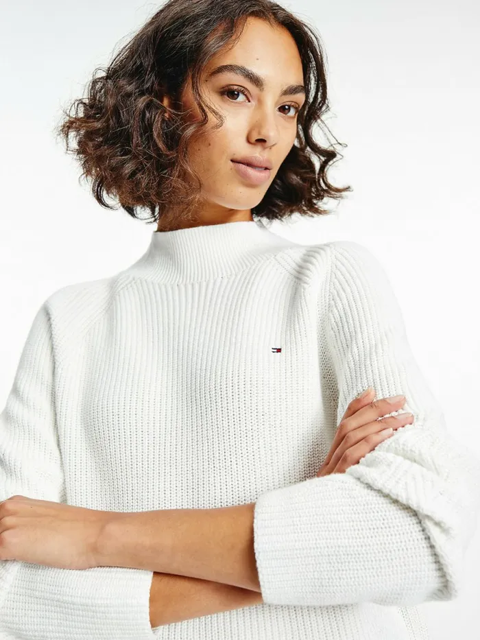 Tommy Hilfiger Mock Turtleneck Organic Cotton Knit Jumper Ecru Womens Knitwear Cheap On Sale