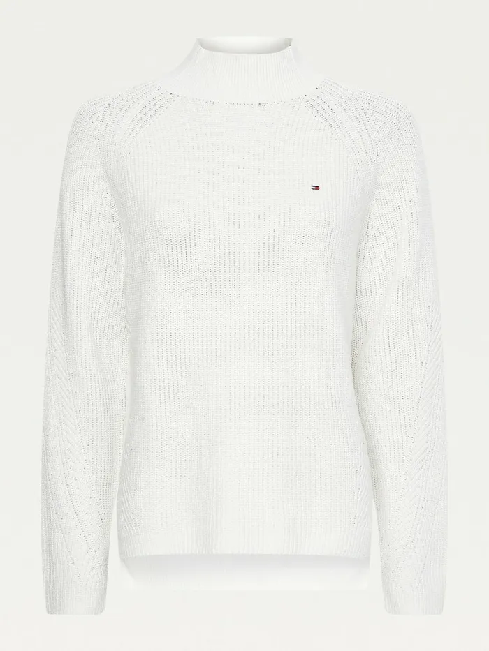 Tommy Hilfiger Mock Turtleneck Organic Cotton Knit Jumper Ecru Womens Knitwear Cheap On Sale
