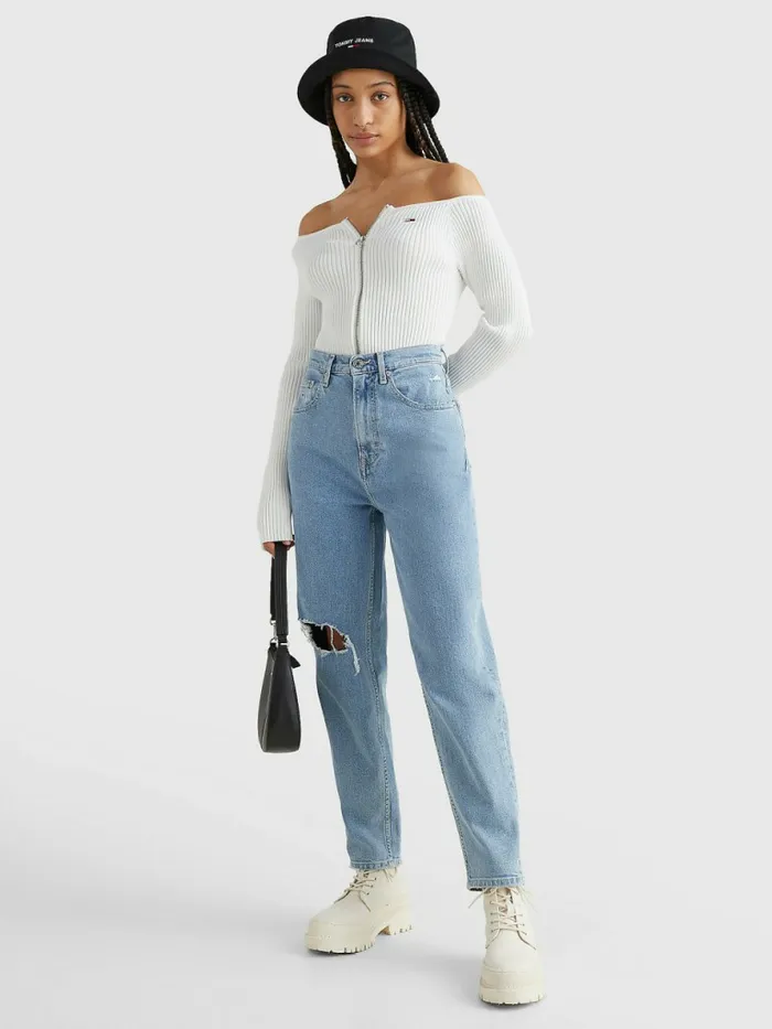 Tommy Hilfiger Mom Ultra High Rise Tapered Distressed Jeans Denim Light Womens Jeans Sale