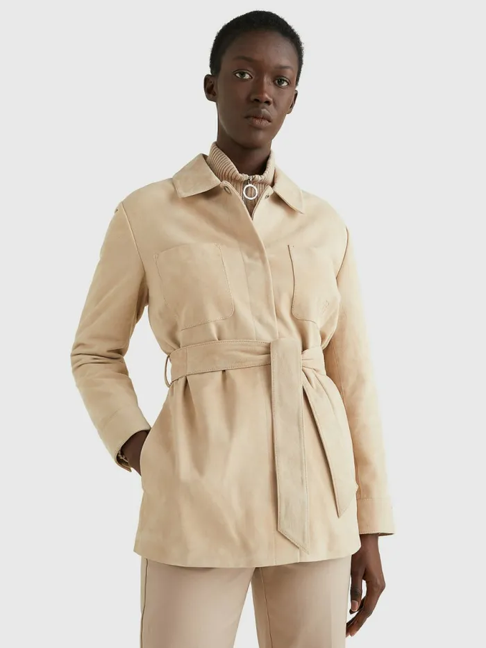 Tommy Hilfiger Monogram Belted Suede Shacket Beige Womens Coats and Jackets Cheap On Sale Tommy Hilfiger Monogram Belted Suede Shacket Beige Womens Coats and Jackets Cheap On Sale