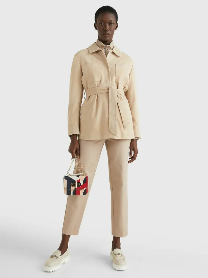 Tommy Hilfiger Monogram Belted Suede Shacket Beige Womens Coats and Jackets Cheap On Sale