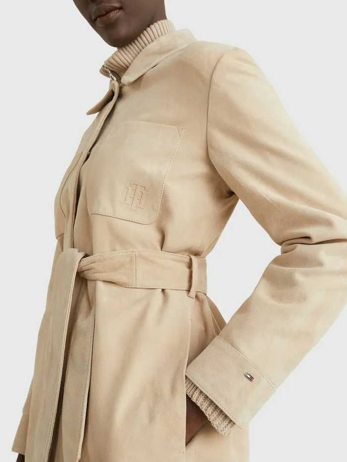 Tommy Hilfiger Monogram Belted Suede Shacket Beige Womens Coats and Jackets Cheap On Sale