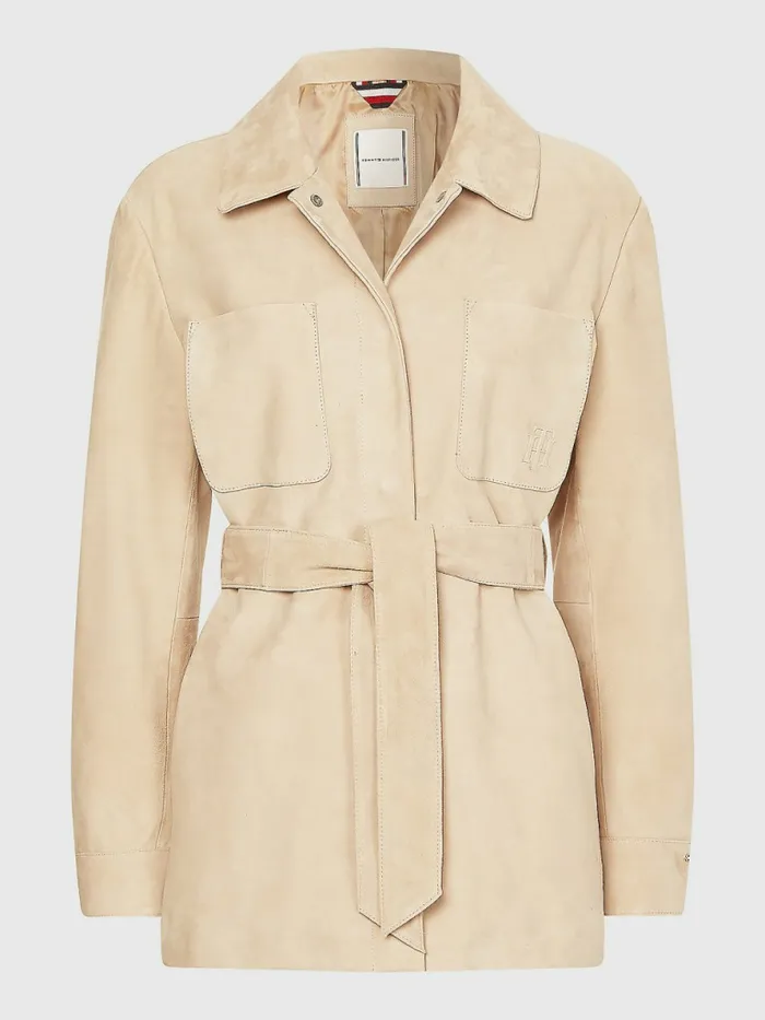 Tommy Hilfiger Monogram Belted Suede Shacket Beige Womens Coats and Jackets Cheap On Sale
