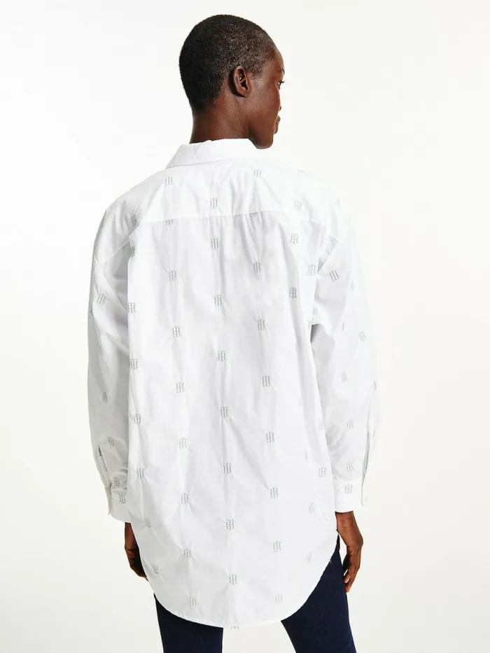 Tommy Hilfiger Monogram Embroidery Boyfriend Fit Shirt Th Optic White Womens Shirts and Blouses On Sale