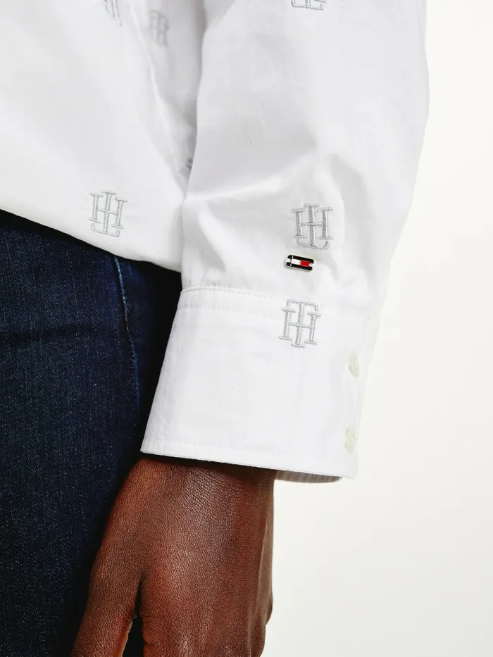Tommy Hilfiger Monogram Embroidery Boyfriend Fit Shirt Th Optic White Womens Shirts and Blouses On Sale