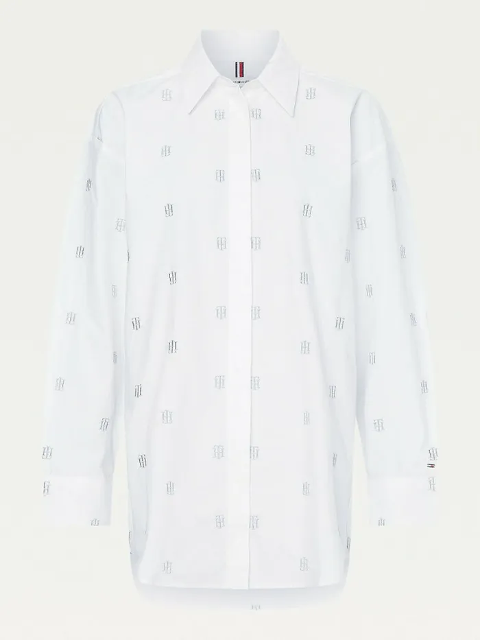 Tommy Hilfiger Monogram Embroidery Boyfriend Fit Shirt Th Optic White Womens Shirts and Blouses On Sale
