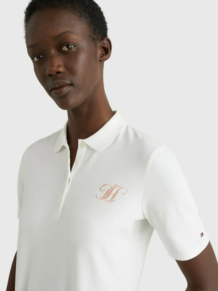 Tommy Hilfiger Monogram Embroidery Regular Fit Polo Ecru Womens Polo Shirts Gift Ideas