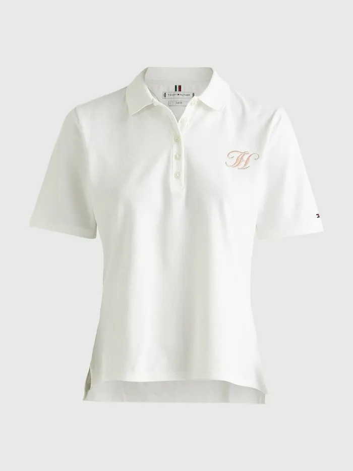 Tommy Hilfiger Monogram Embroidery Regular Fit Polo Ecru Womens Polo Shirts Gift Ideas