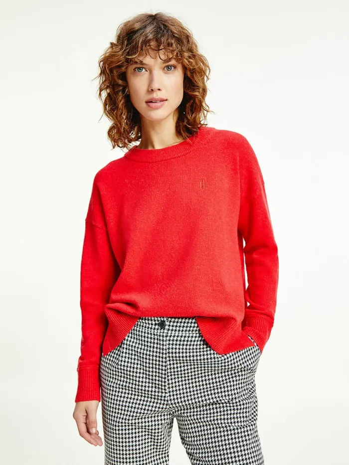 Tommy Hilfiger Monogram Embroidery Relaxed Fit Alpaca Jumper Red Alert Womens Knitwear On Sale Tommy Hilfiger Monogram Embroidery Relaxed Fit Alpaca Jumper Red Alert Womens Knitwear On Sale