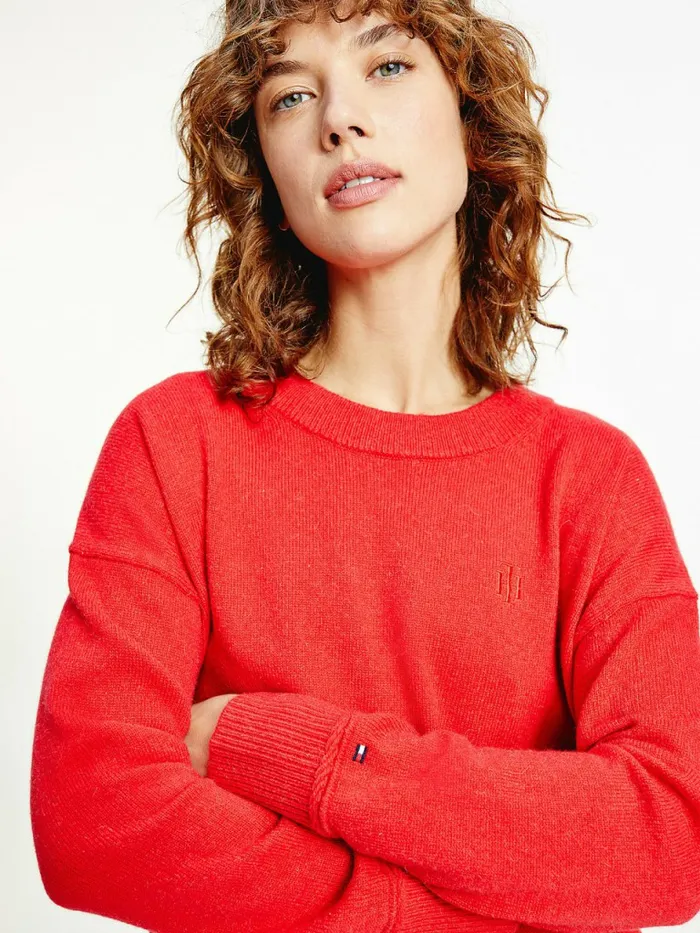 Tommy Hilfiger Monogram Embroidery Relaxed Fit Alpaca Jumper Red Alert Womens Knitwear On Sale