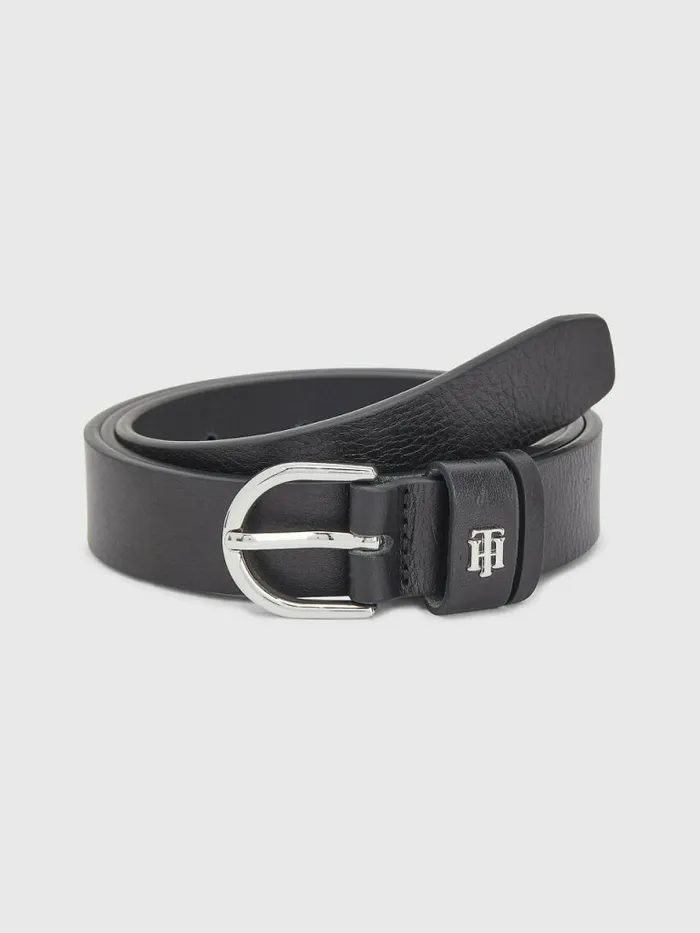 Tommy Hilfiger Monogram Leather Belt Black Womens Belts Cheap On Sale
