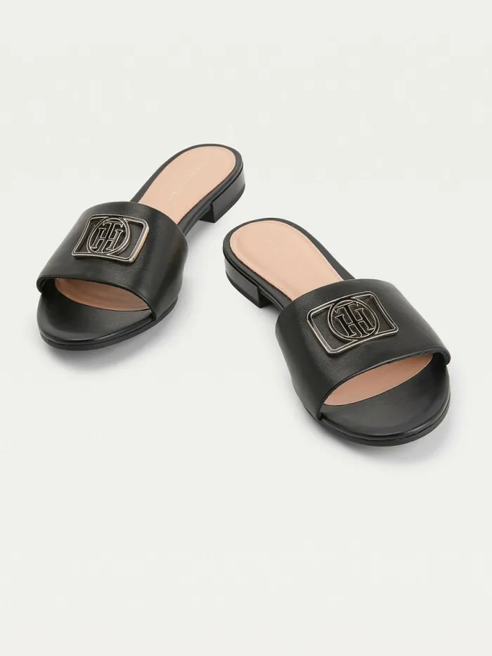Tommy Hilfiger Monogram Plaque Mule Sandals Black Womens Sandals Gift for Friend