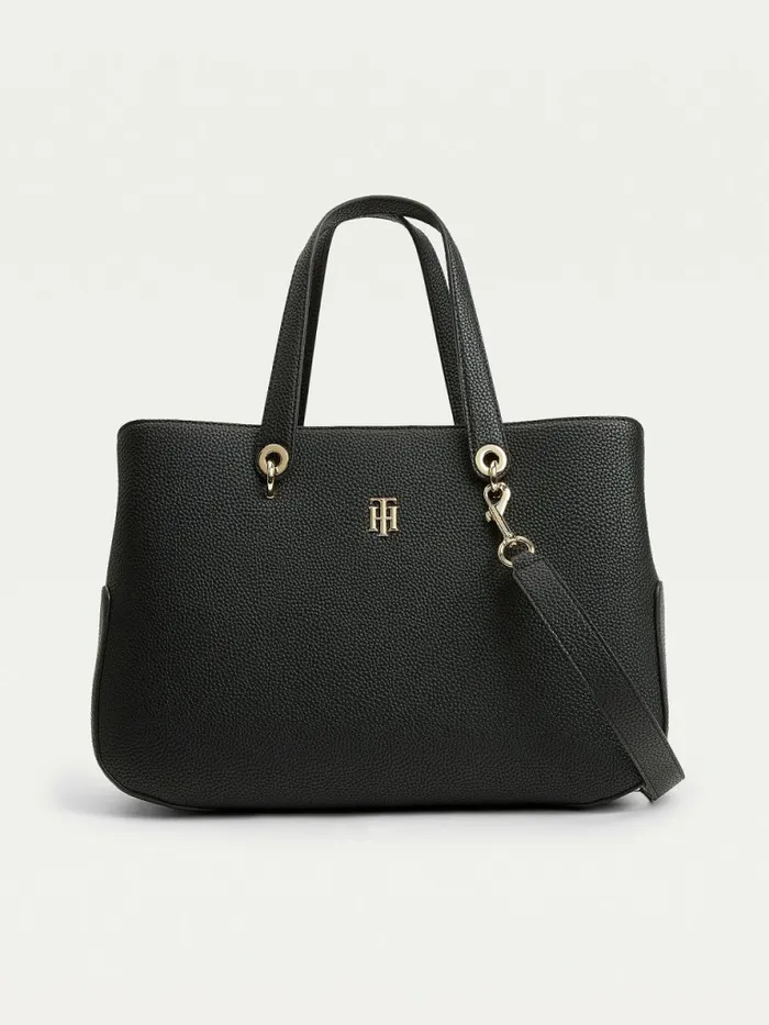 Tommy Hilfiger Monogram Plaque Satchel Black Womens Bags Gift for Friend