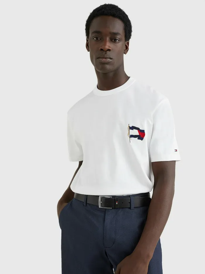 Tommy Hilfiger Motion Flag Embroidery TShirt White Mens TShirts Gift Ideas