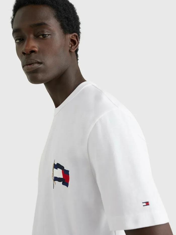 Tommy Hilfiger Motion Flag Embroidery TShirt White Mens TShirts Gift Ideas